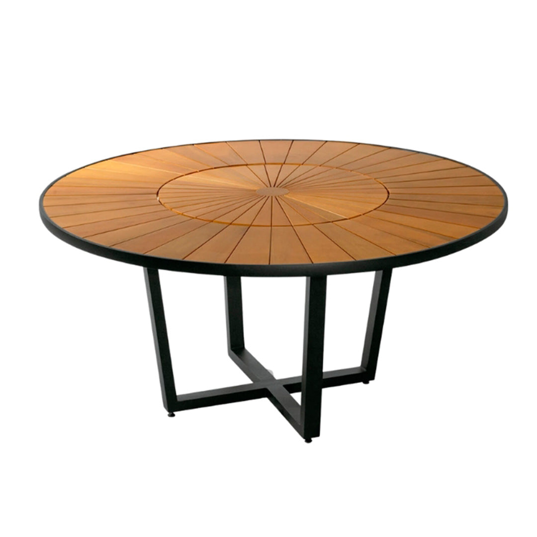 Mesa redonda Paola 160 cm tapa de madera con placa giratoria base de aluminio negro