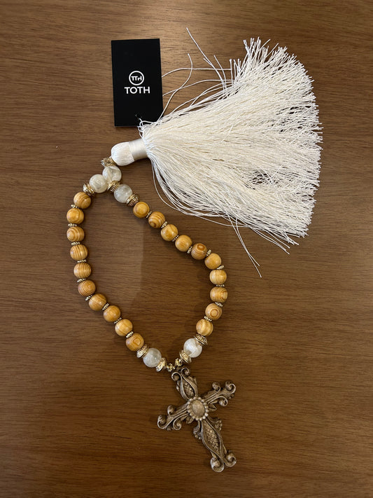 Decorative Rosary Natural Wood and Acrylic Balls Satin Tassel