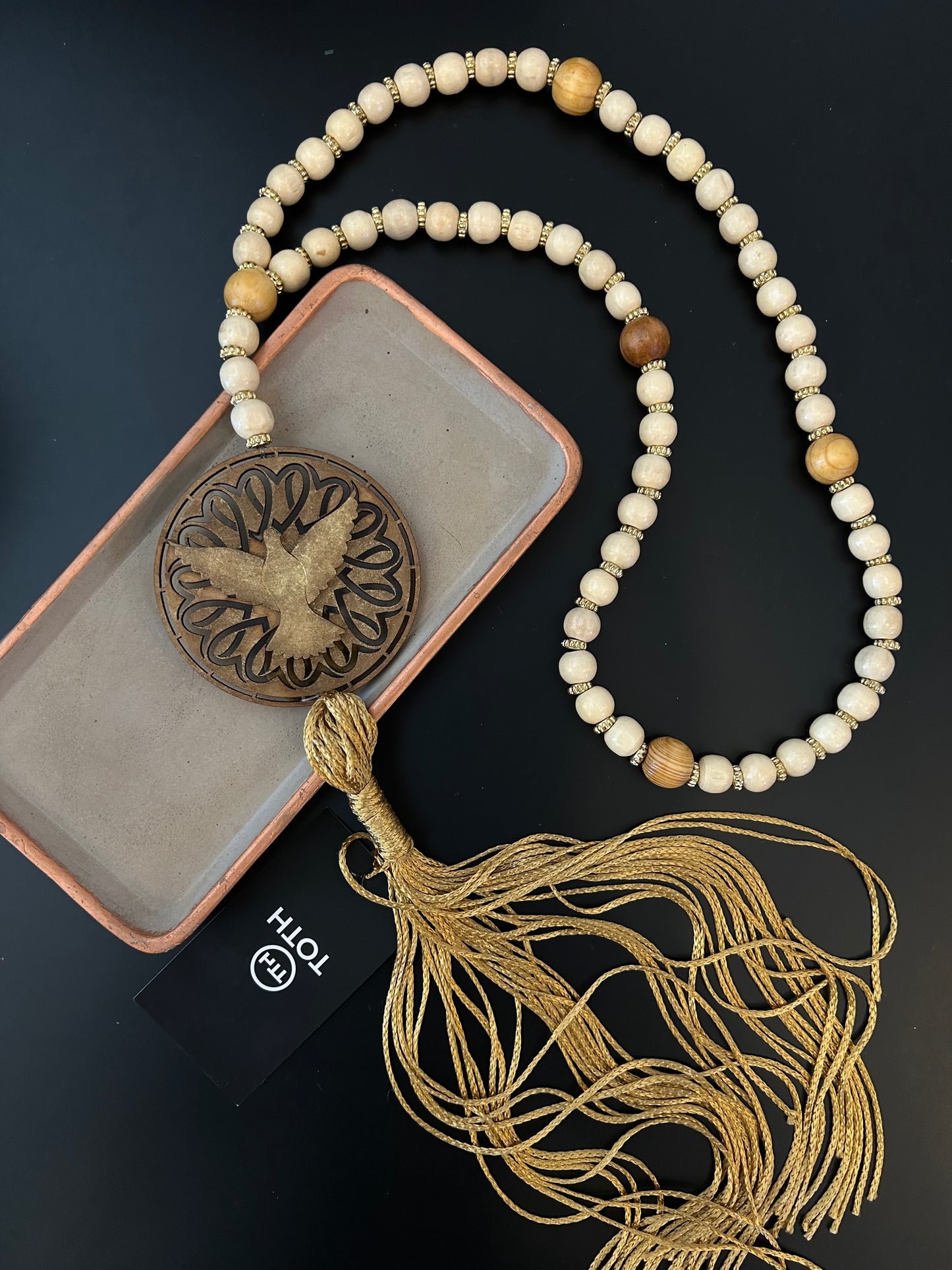 Decorative Holy Spirit Rosary Beads Light Beige Satin Tassel