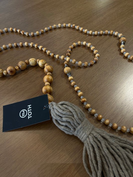 Decorative Necklace Natural Wood and Acrylic Balls Twine Tassel