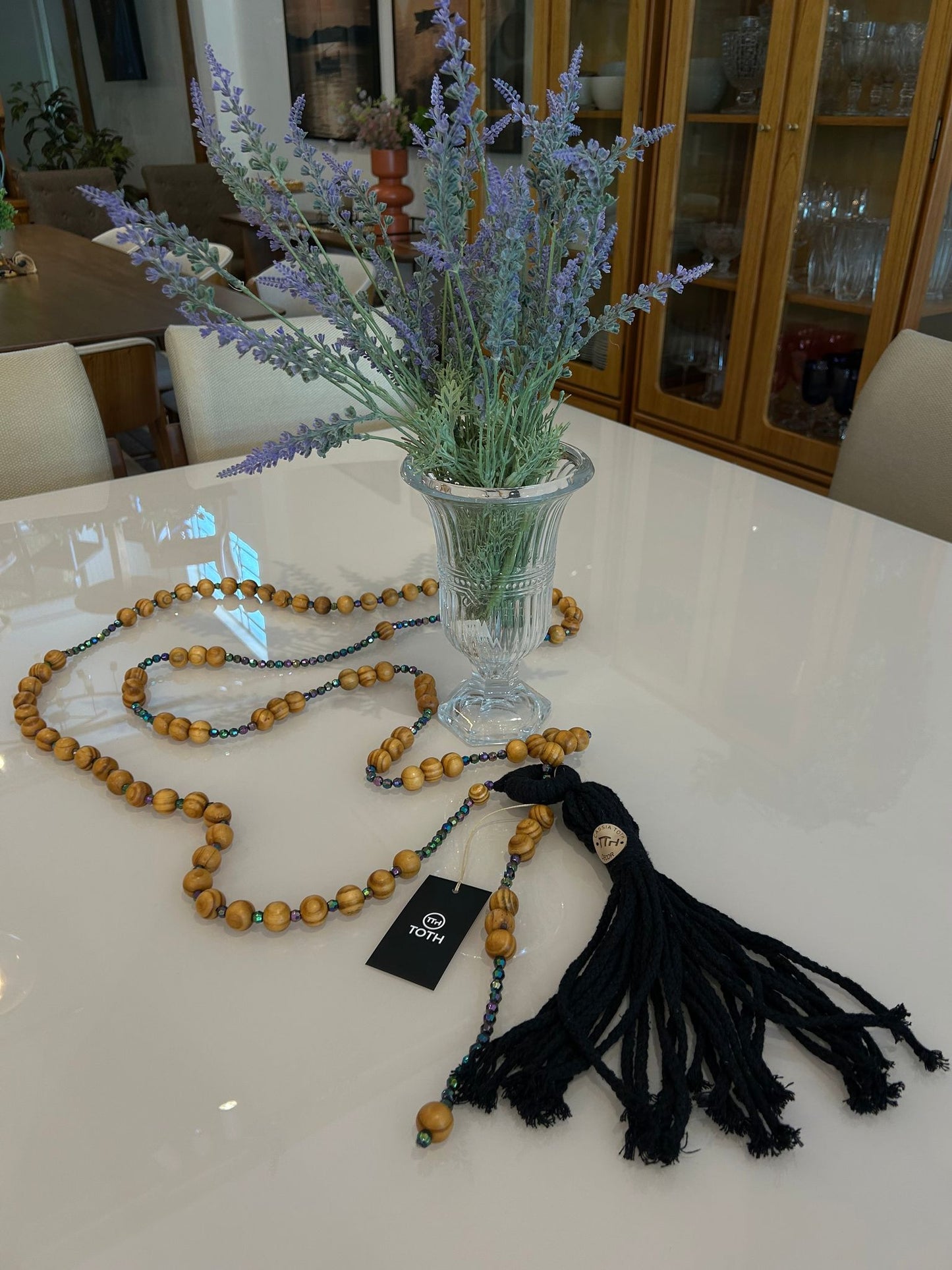 Decorative Necklace with Natural Wooden Balls and Iridescent String Tassel | Toth Móveis