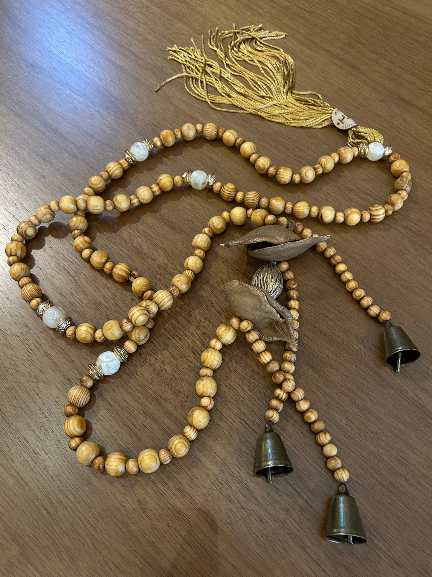 Decorative Golden Necklace with Bells Natural Wooden Balls Rosewood Seed and Fox Tail Satin Tassel