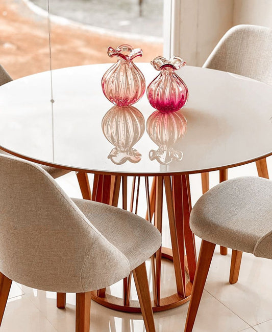 Mesa de Jantar Aero Redonda Madeira Cor Jequitibá 58 Tampo Vidro Branco 140cm