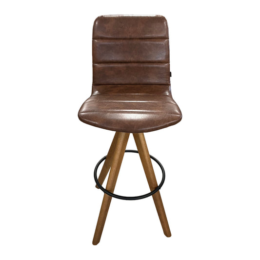 Ellen Stool with Wooden Base and Swivel Seat, Brown PU Upholstery