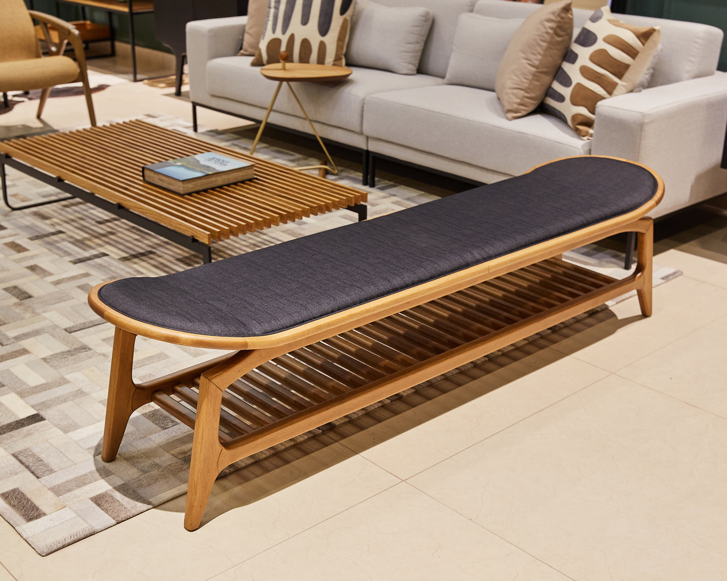 Monaco Bench Cinnamon Wood Upholstered Fabric Seat 141 180X47X48cm