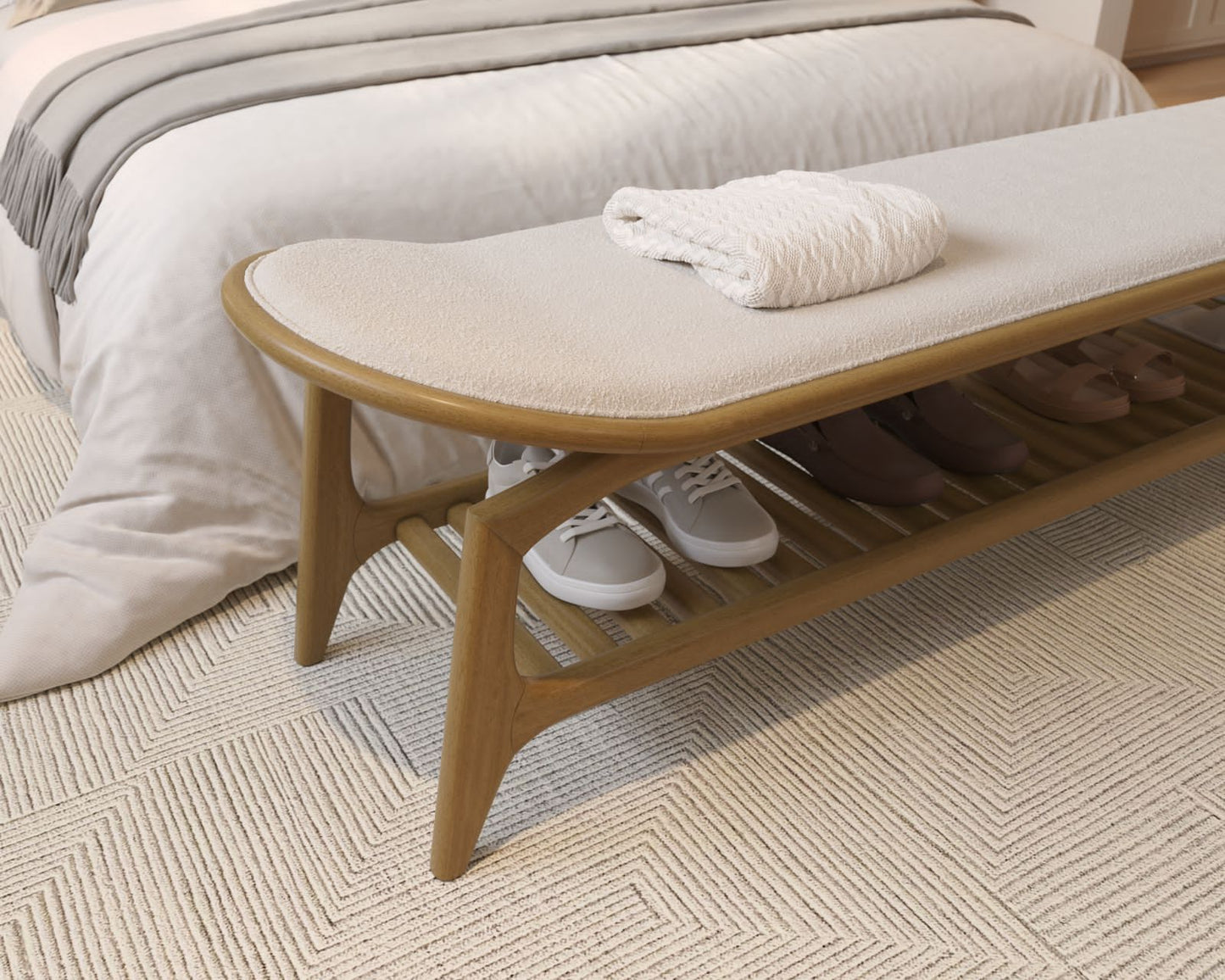 Banco Monaco Madera Canela Asiento Tapizado Tela 141 180X47X48cm