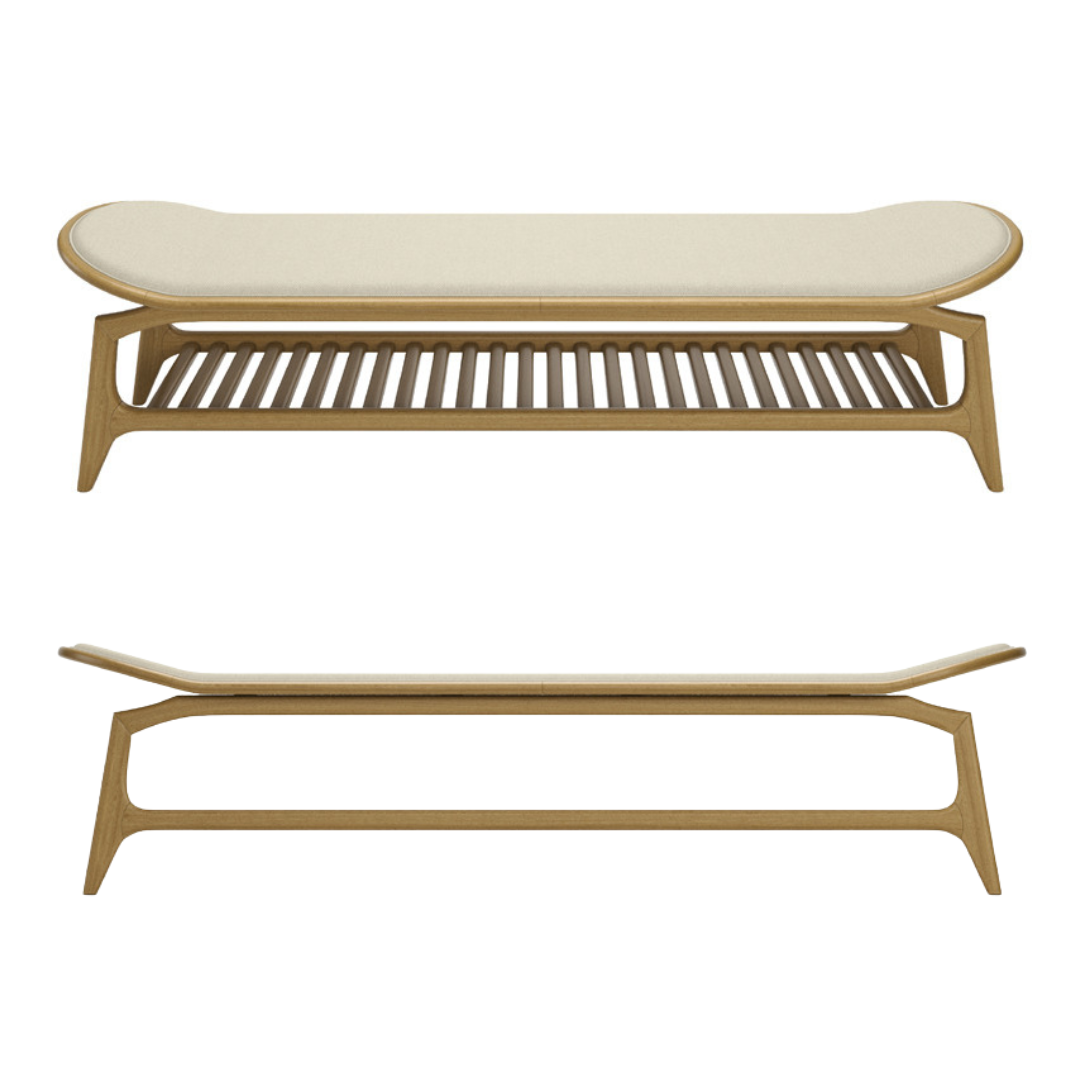 Banco Monaco Madera Canela Asiento Tapizado Tela 141 180X47X48cm