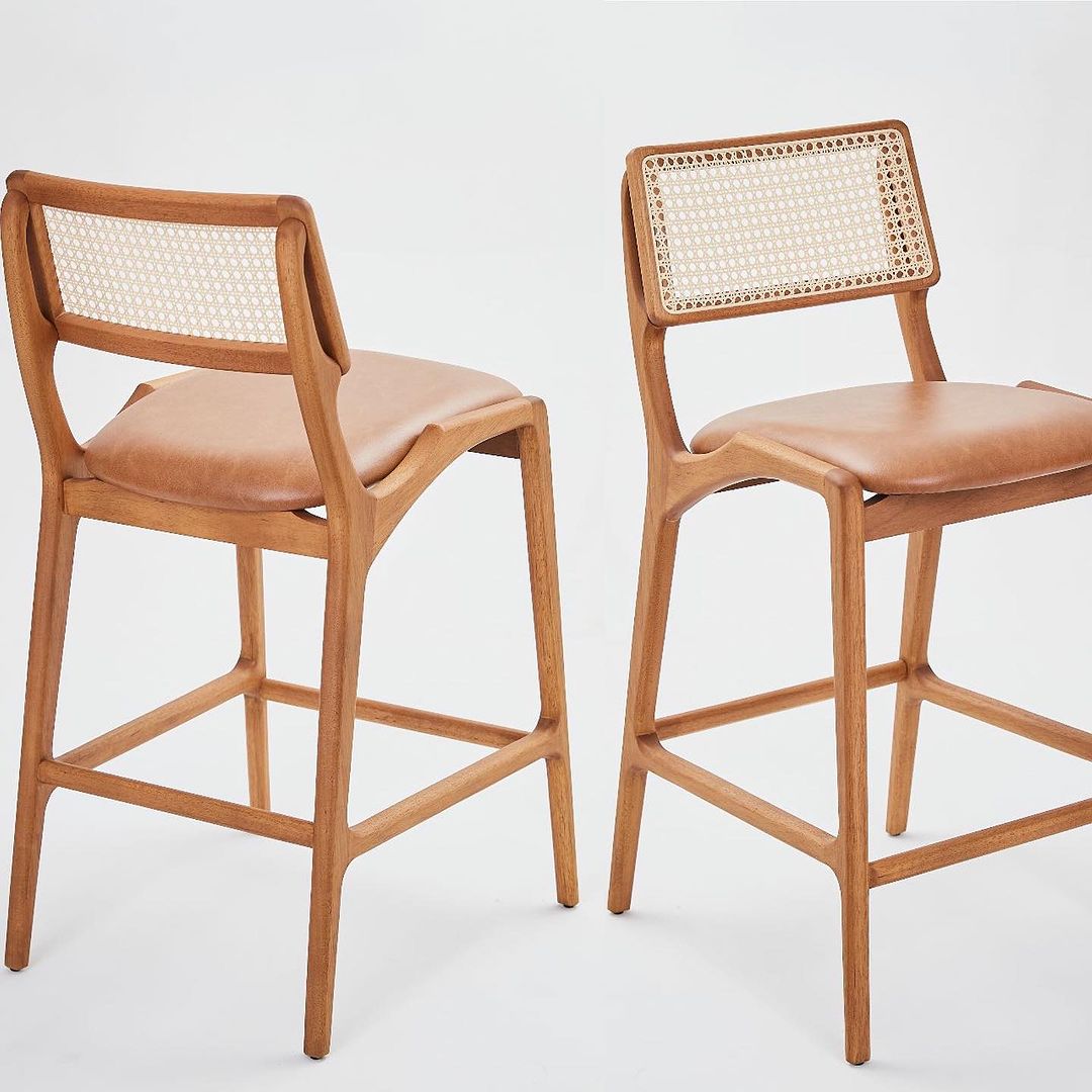 Taburete Aspen Madera Canela Asiento Trasero Hexagonal Paja Tapizado Tela 126