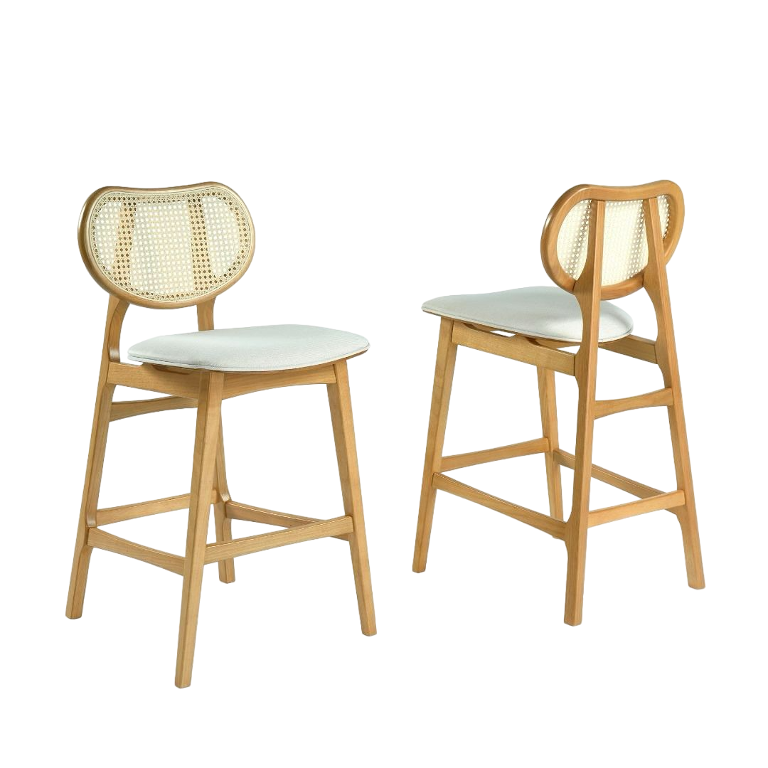 Ferrari Wooden Stool with Small Screen Upholstered Seat Linen Fabric Beige 001A