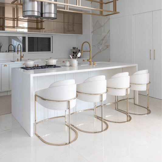 Louise Stainless Steel Stool Golden Color Backrest and Seat Upholstered in 4500D Fabric