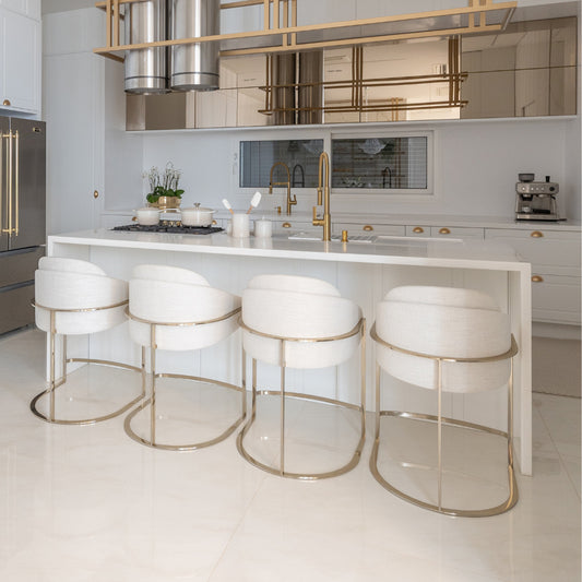Louise Stainless Steel Stool Golden Color Backrest and Seat Upholstered in 4500D Fabric