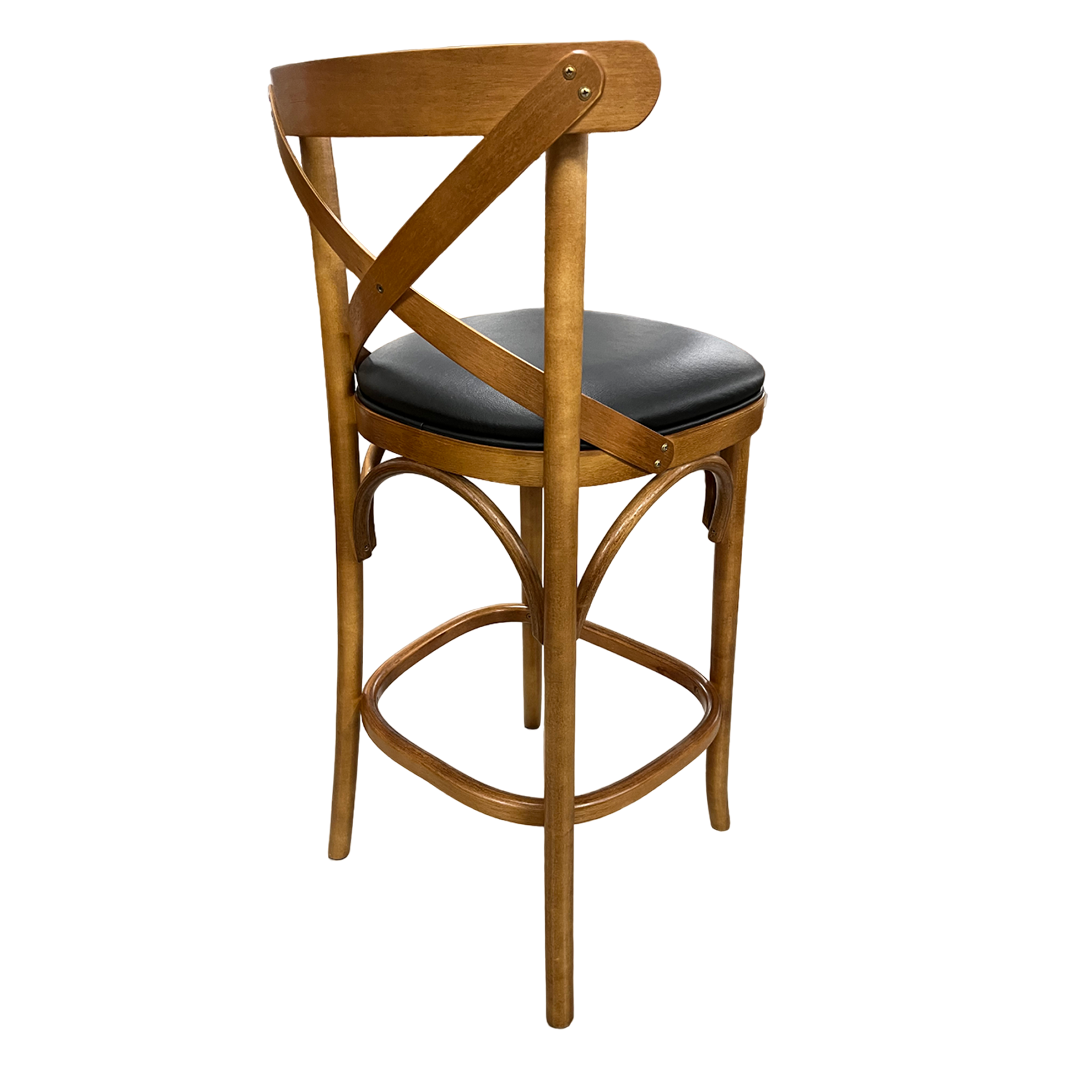 X Stool Pine Wood Color Upholstered Seat PU Black