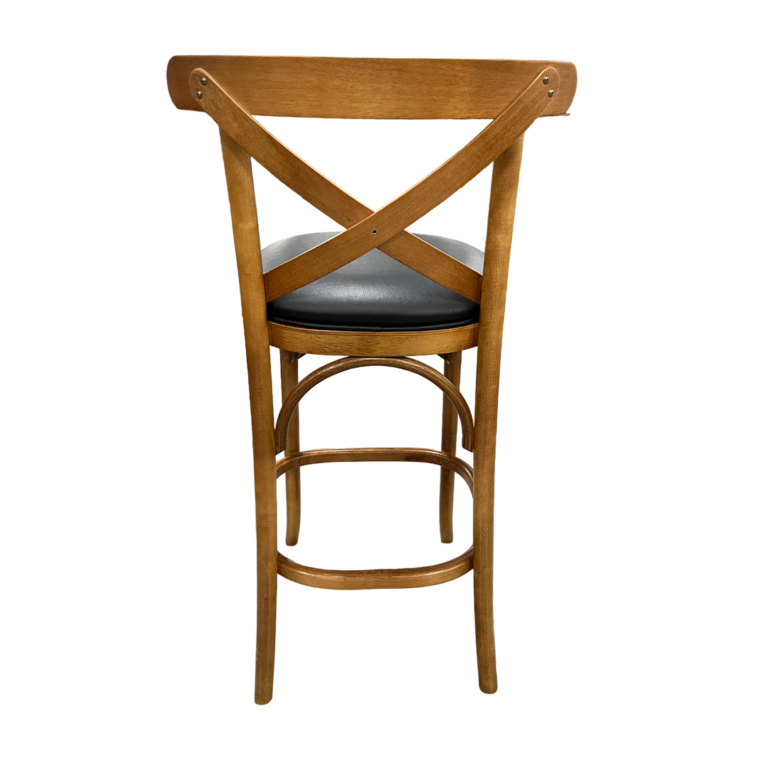 X Stool Pine Wood Color Upholstered Seat PU Black