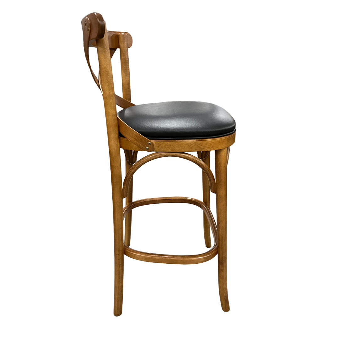 X Stool Pine Wood Color Upholstered Seat PU Black
