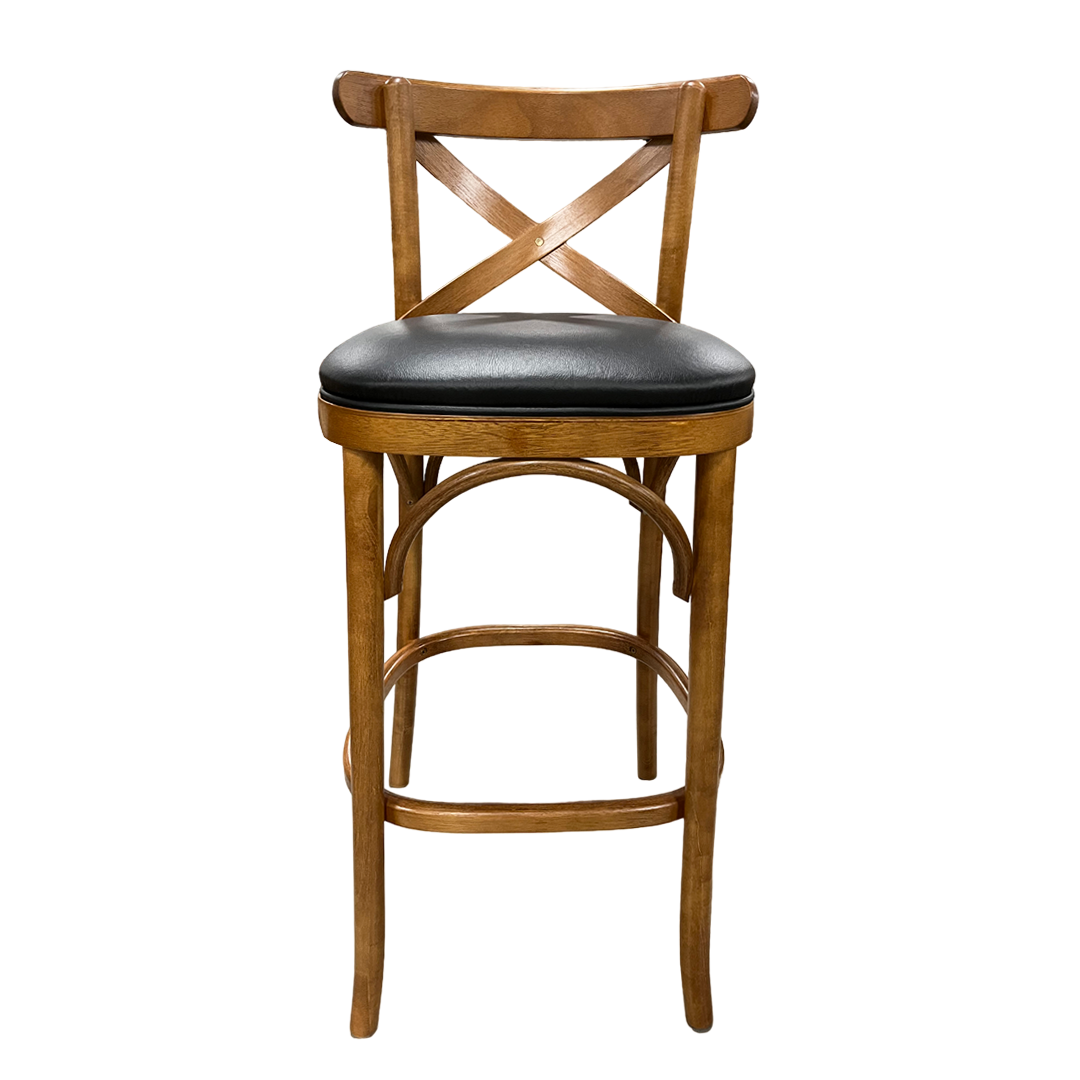 X Stool Pine Wood Color Upholstered Seat PU Black