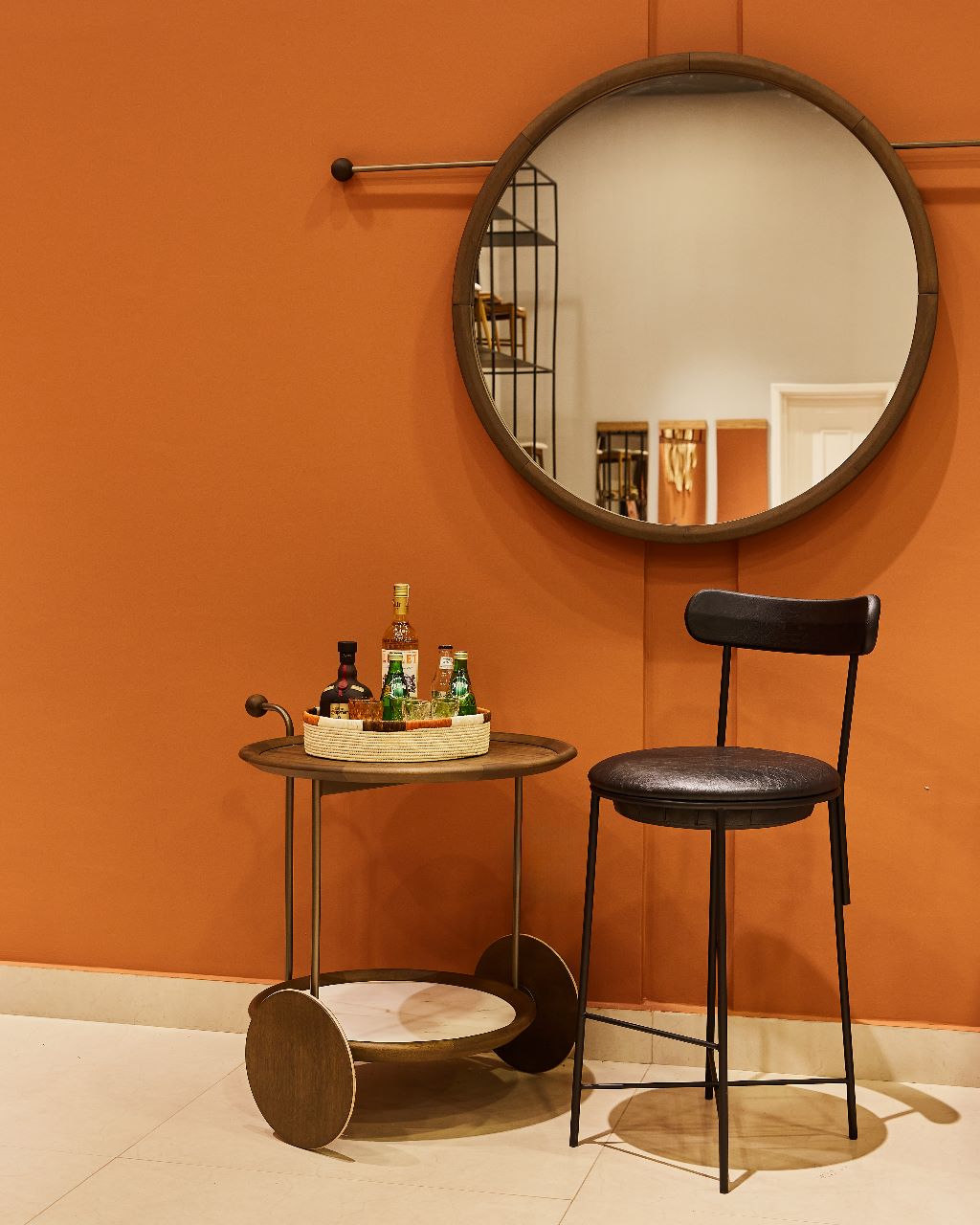 Sligo Black Iron Stool with Gray Upholstered Backrest and Seat