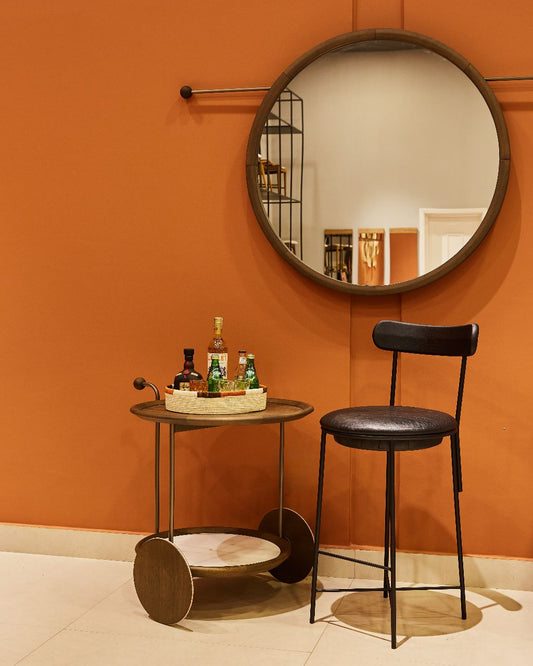 Sligo Black Iron Stool with Gray Upholstered Backrest and Seat