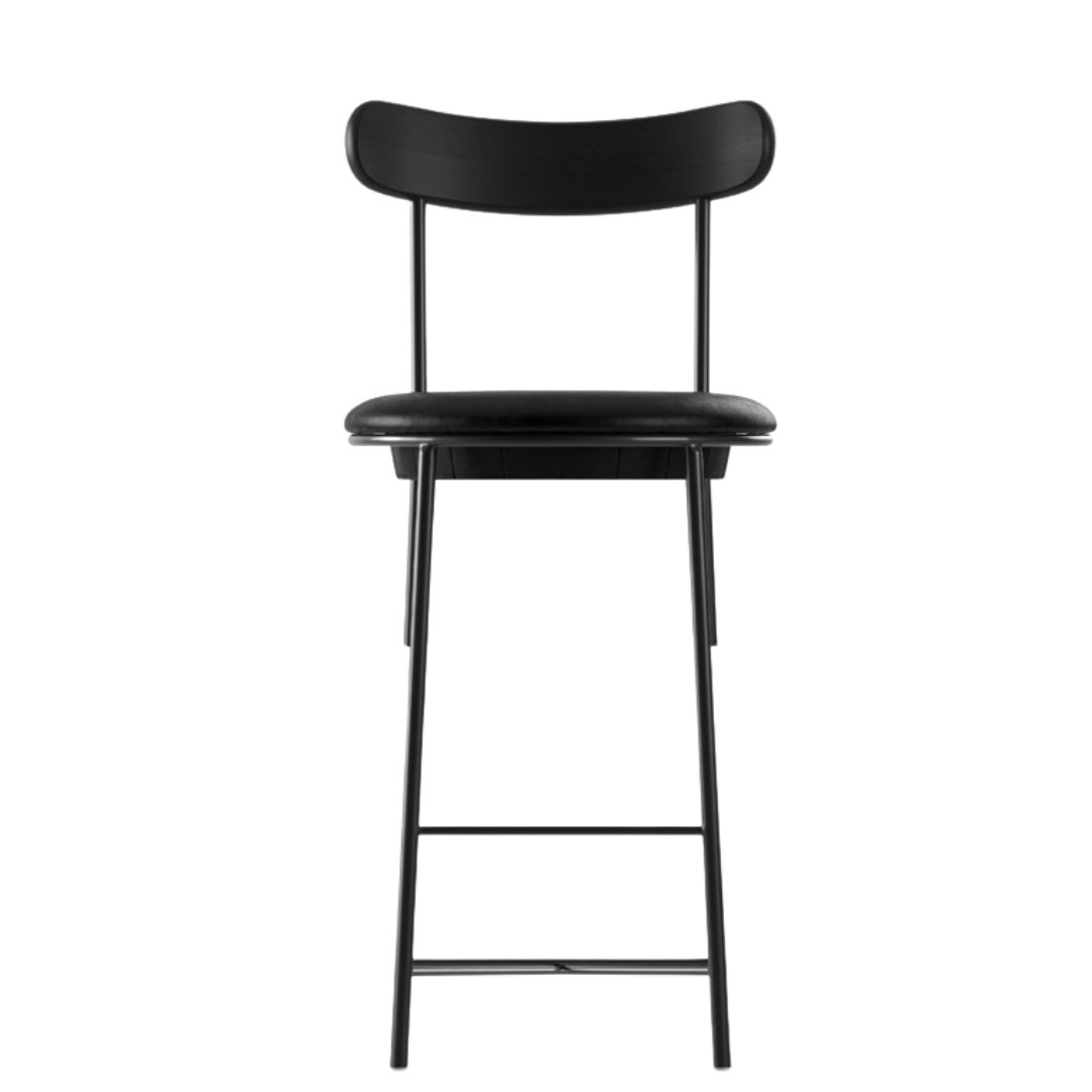 Sligo Black Iron Stool with Gray Upholstered Backrest and Seat