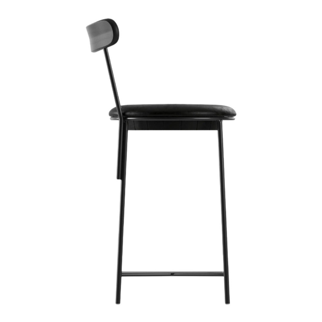Sligo Black Iron Stool with Gray Upholstered Backrest and Seat