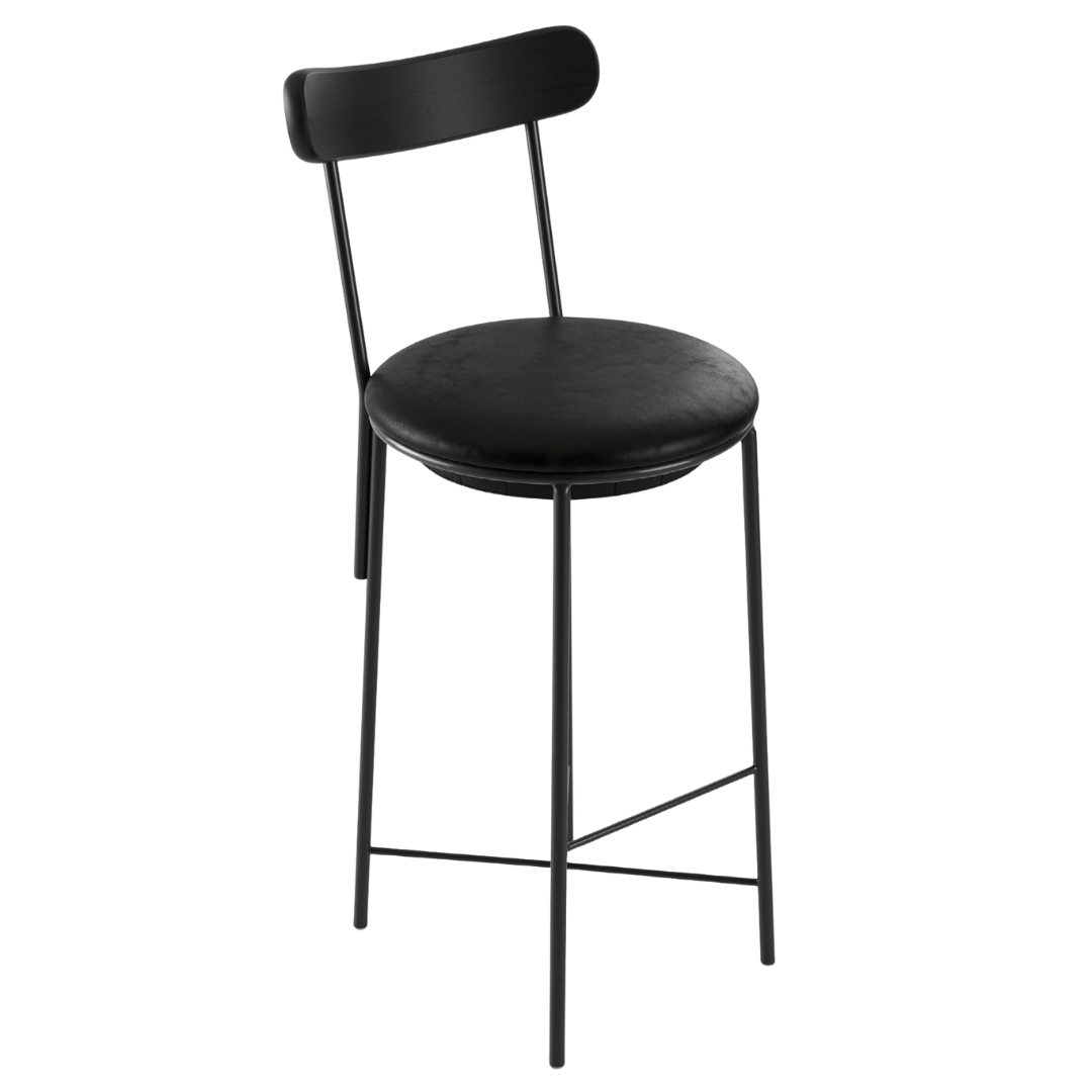 Sligo Black Iron Stool with Gray Upholstered Backrest and Seat