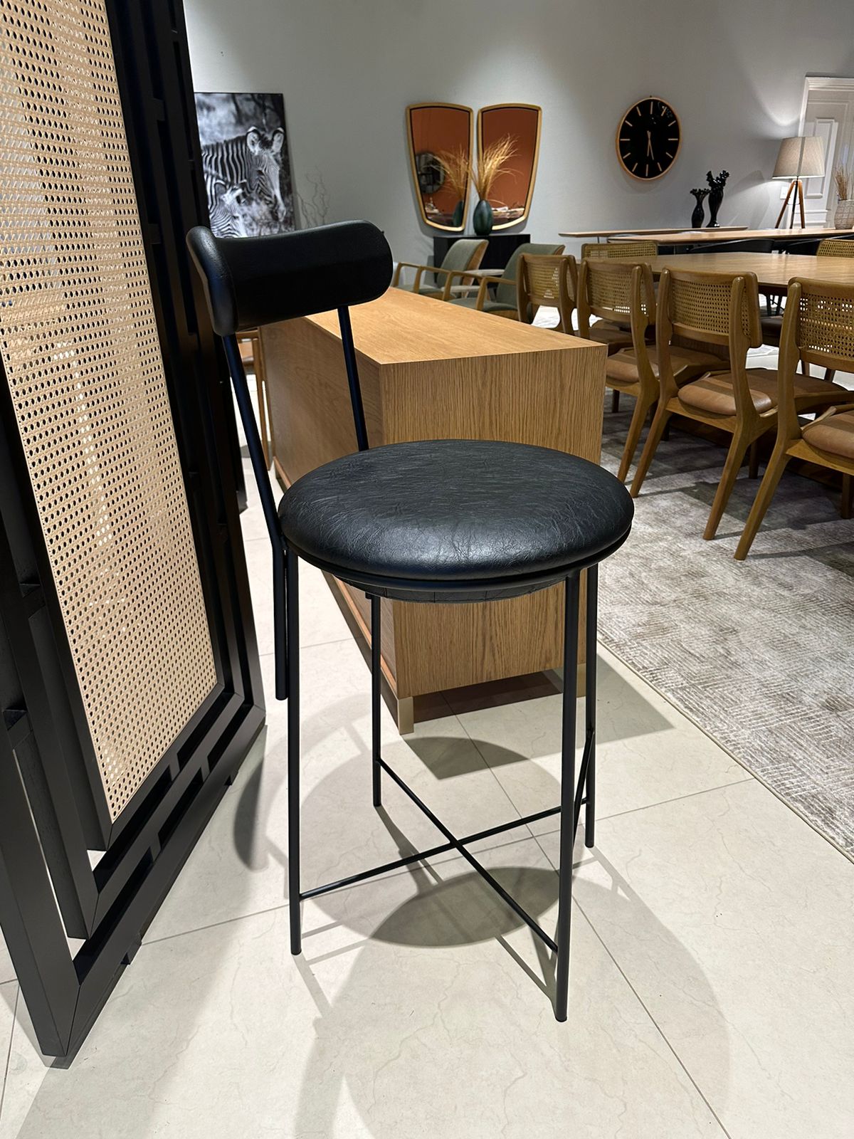 Sligo Black Iron Stool with Gray Upholstered Backrest and Seat