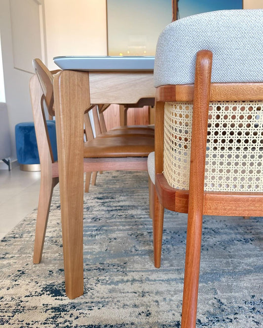 Stela Wood Chair 60 Upholstered Seat Fabric BR6020 Hexagonal Natural Straw Backrest