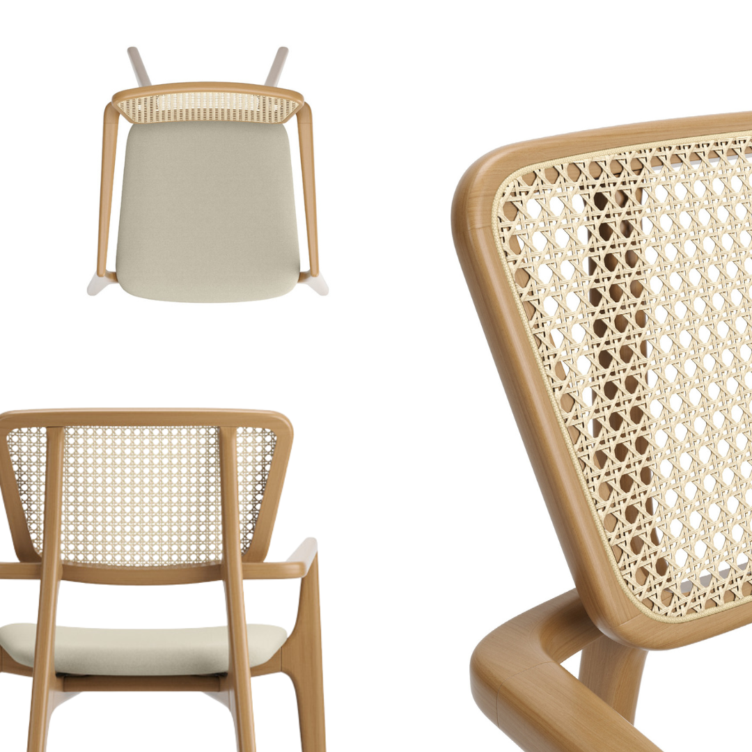 Silla Houdan con apoyabrazos de madera canela y asiento tapizado en tela 95