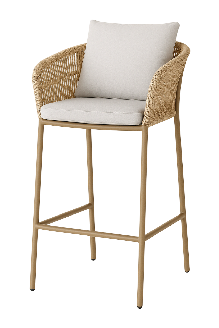 Banqueta Hera Estofada Alumínio Cor Fendi Corda Náutica Cor Areia