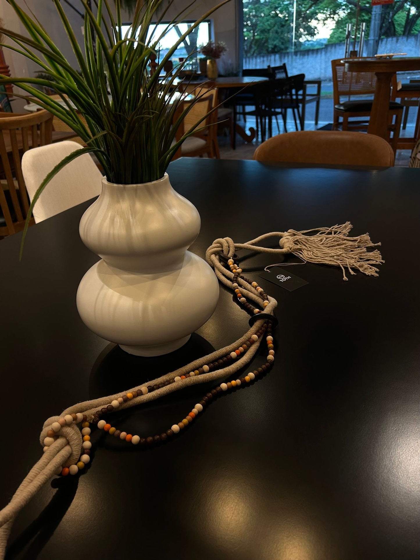 Decorative Necklace Beige Beads Brown and Orange Colored String Tassel | Toth Móveis