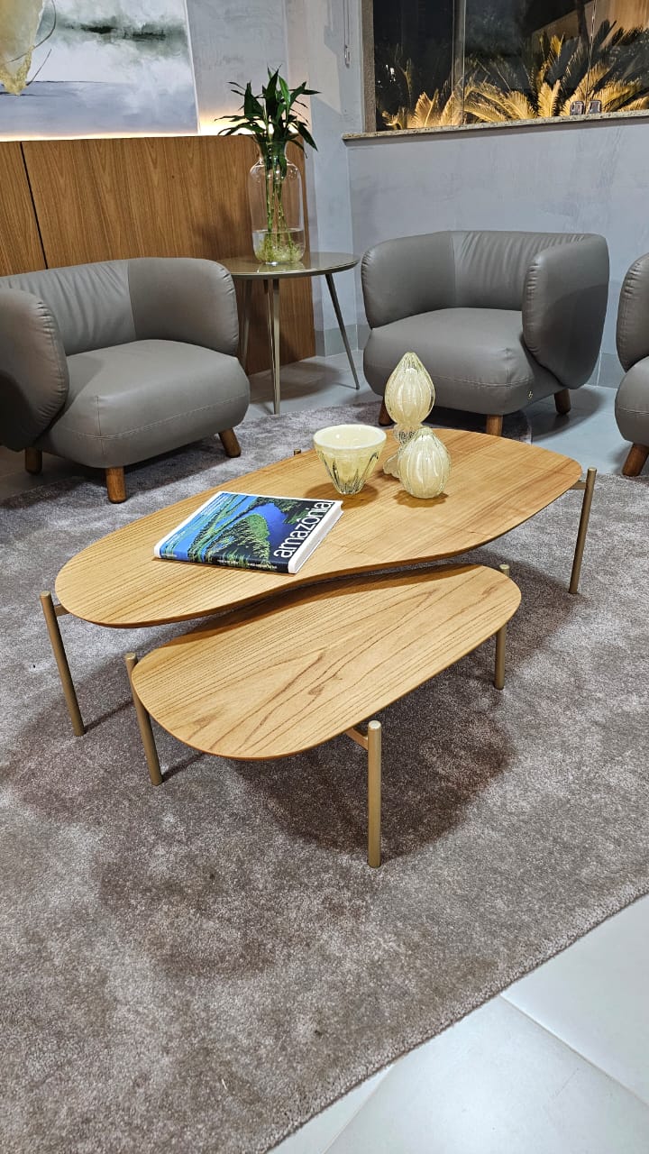 Conjunto Mesa de Centro Ostuni Tampo Madeira Lamina Cinamomo Base Aço Ouro