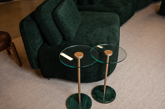 Conjunto de Mesa Lateral Dupla Vetro Aço Dourado Vidro Pedra 01 Verde Guatemala