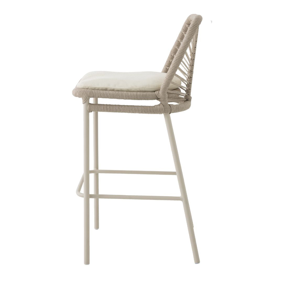 Taburete Selecta Aluminio Color Beige Cuerda Náutica Color Arena Asiento Tapizado Capitán Tela Alabastro
