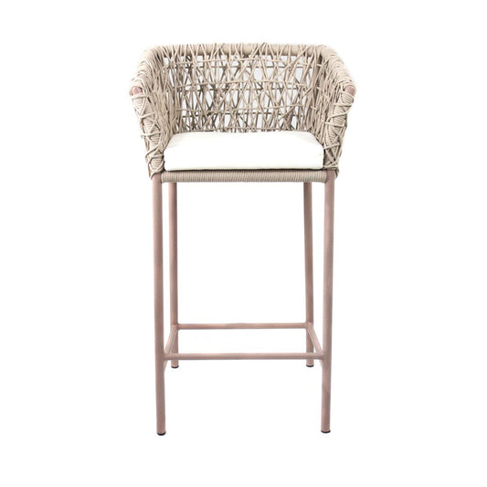 Panama Stool Aluminum Champagne Color Nautical Rope Sand Color Upholstered Seat Raw Dunas Fabric