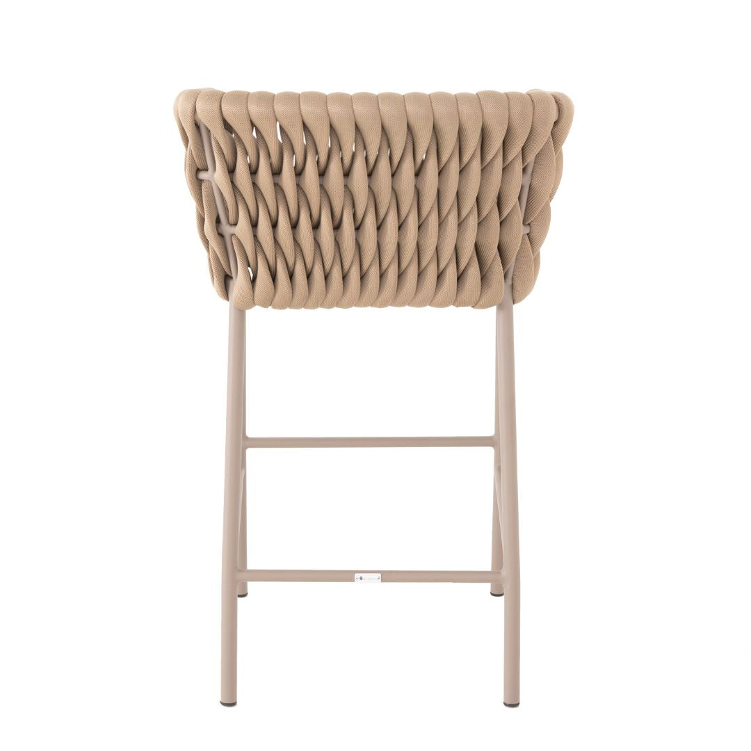 Taburete de Aluminio Panamá Color Beige Tejido Náutico Color Ramio Asiento Tapizado Tela Copacabana Beige y Marfil