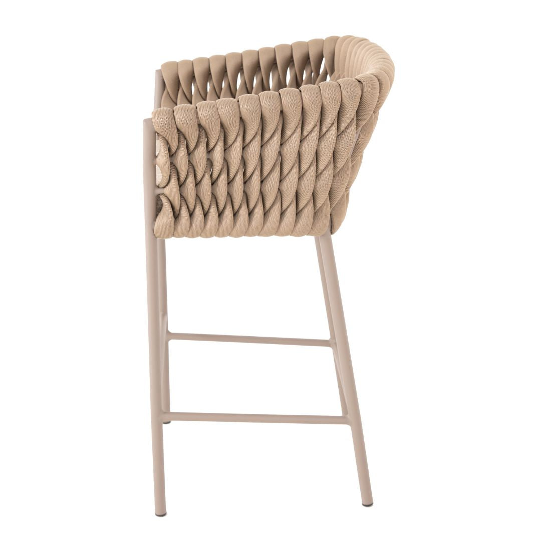 Taburete de Aluminio Panamá Color Beige Tejido Náutico Color Ramio Asiento Tapizado Tela Copacabana Beige y Marfil