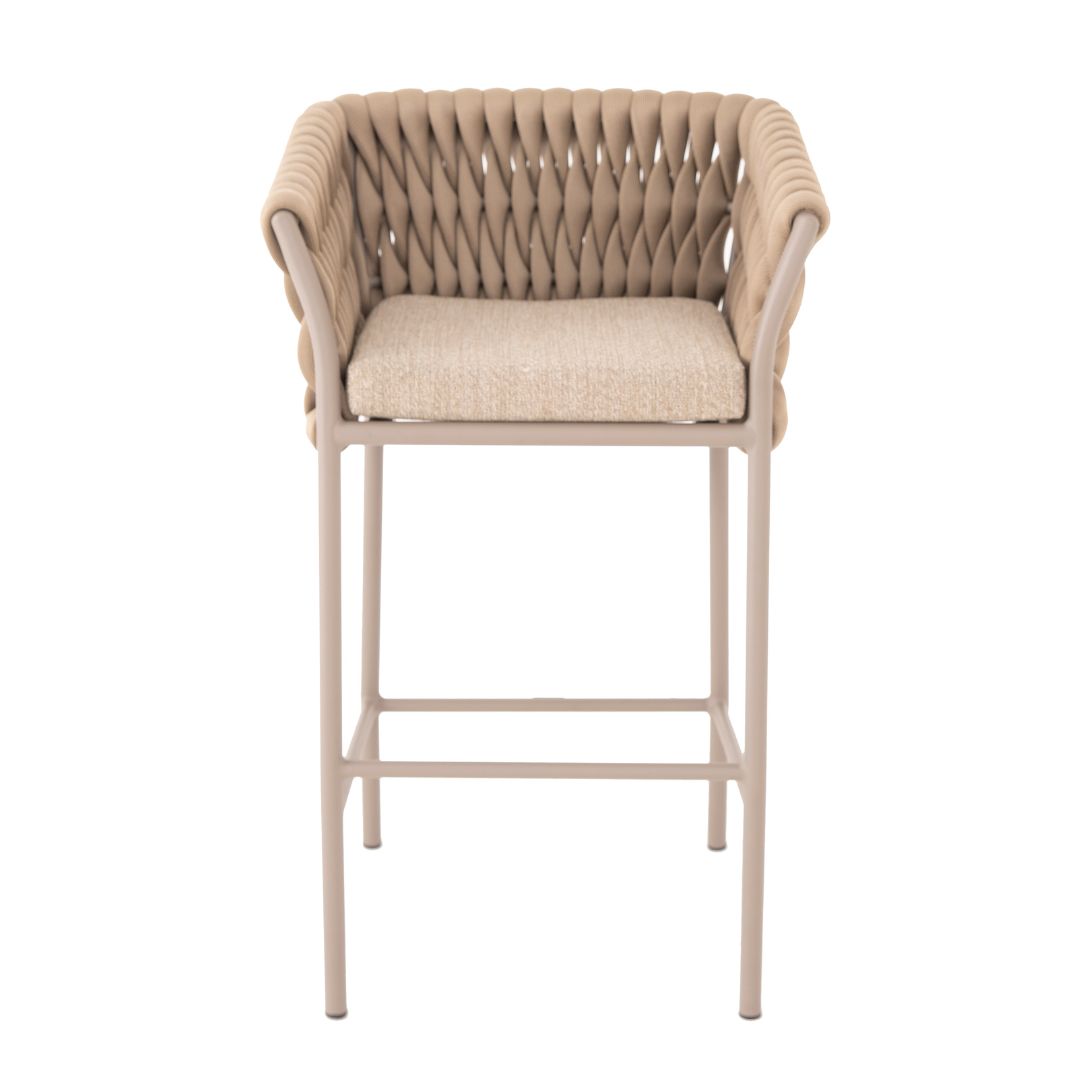 Taburete de Aluminio Panamá Color Beige Tejido Náutico Color Ramio Asiento Tapizado Tela Copacabana Beige y Marfil