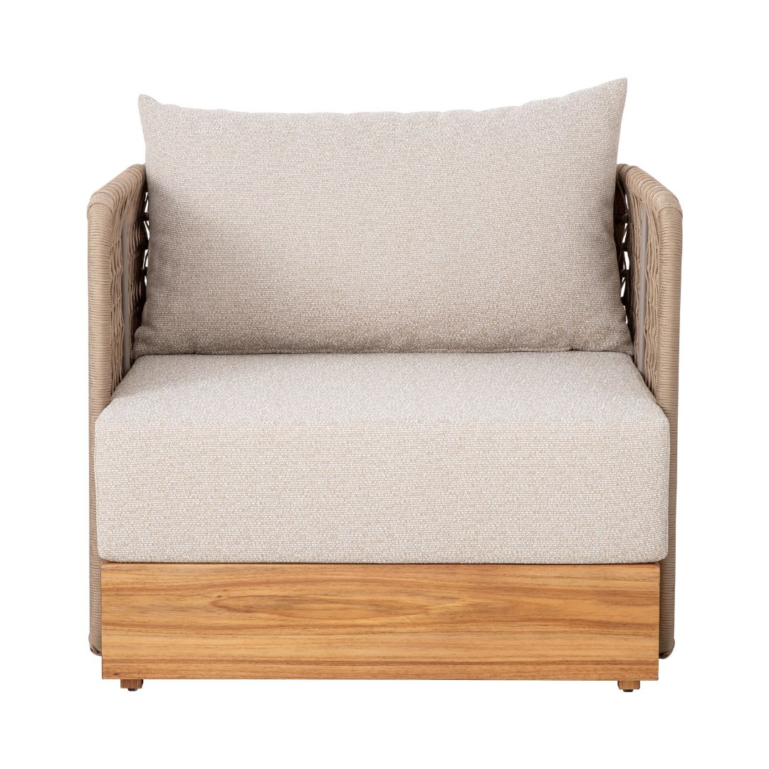 Sillón Hurón Freijó Madera Aluminio Color Champán Cuerda Náutica Asiento tapizado en Ramio Tela Copacabana Beige y Marfil