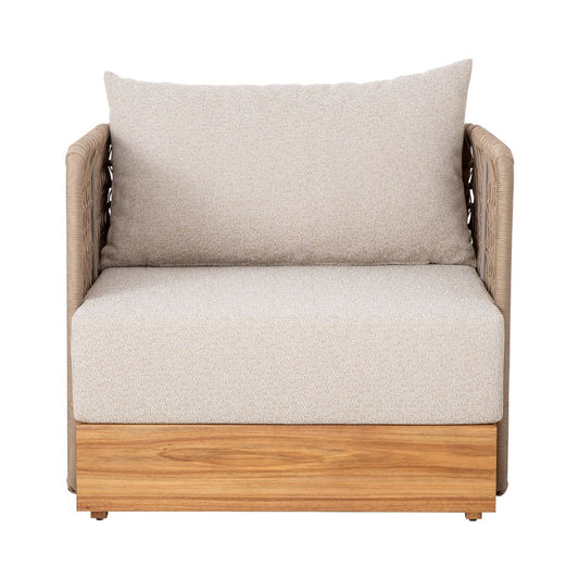 Huron Armchair Freijó Wood Aluminum Champagne Color Nautical Rope Rami Upholstered Seat Copacabana Fabric Beige and Ivory