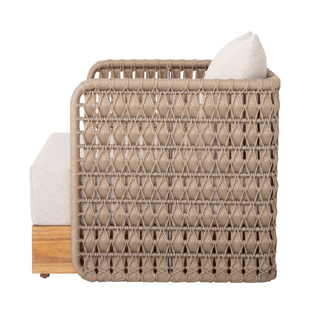 Sillón Hurón Freijó Madera Aluminio Color Champán Cuerda Náutica Asiento tapizado en Ramio Tela Copacabana Beige y Marfil