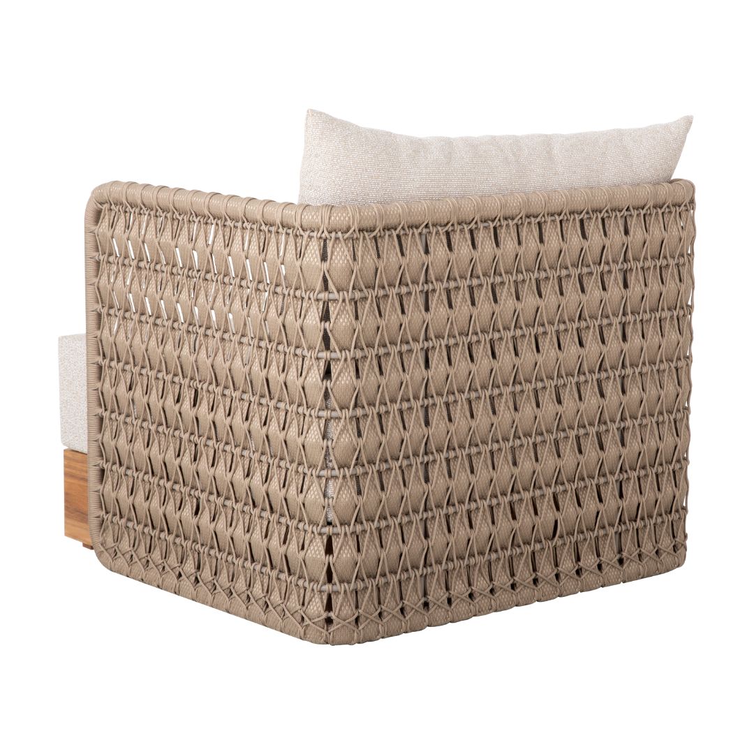Sillón Hurón Freijó Madera Aluminio Color Champán Cuerda Náutica Asiento tapizado en Ramio Tela Copacabana Beige y Marfil