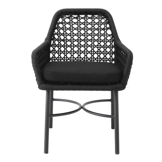 Ibiza Dining Chair Aluminum Lead Color Nautical Rope Color Black Upholstered Seat Black Quaker Fabric