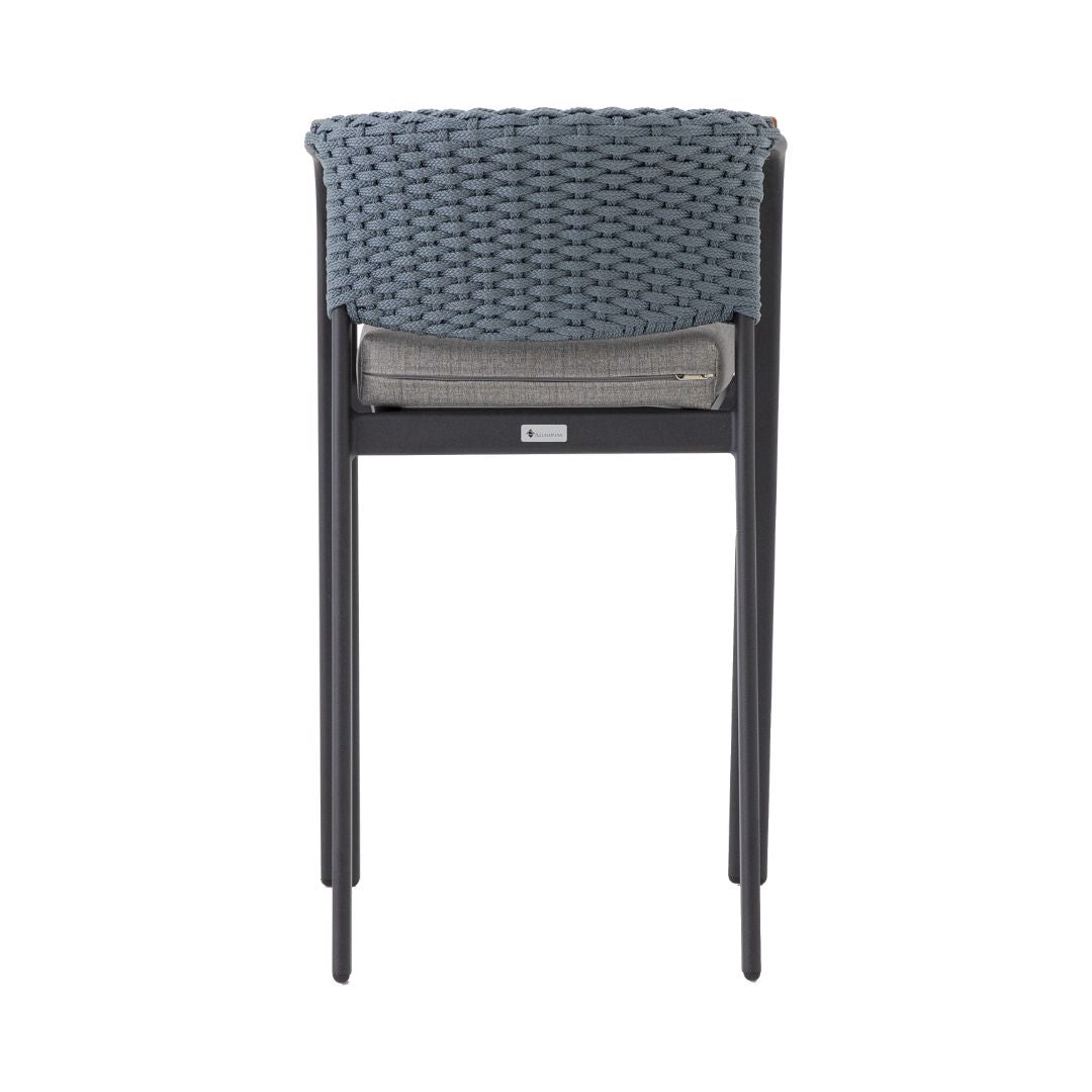 Lapa Children's Stool Freijó Wood Aluminum Lead Color Flat Nautical Rope Grayish Blue Color Upholstered Seat Gray Leatherette Fabric
