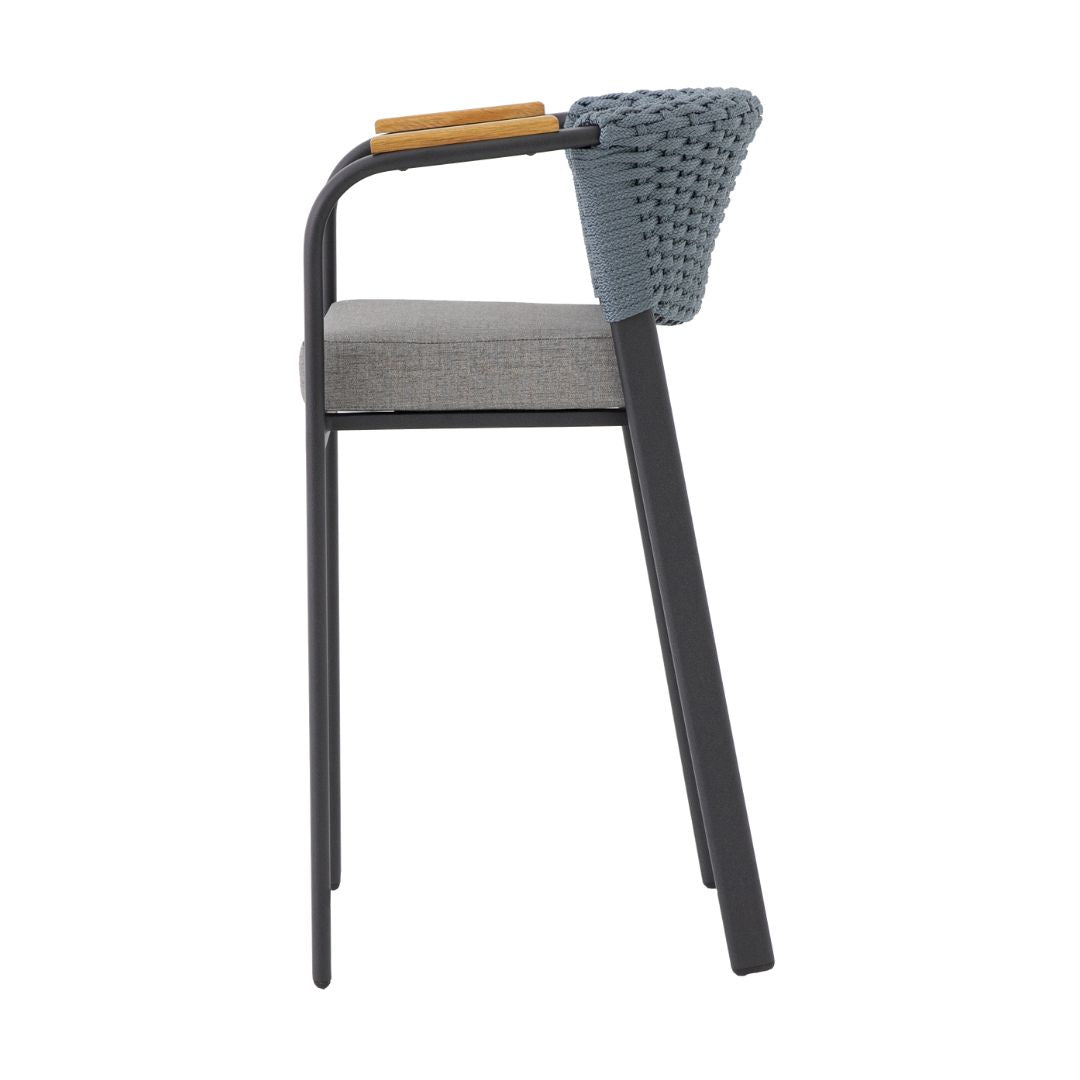 Lapa Children's Stool Freijó Wood Aluminum Lead Color Flat Nautical Rope Grayish Blue Color Upholstered Seat Gray Leatherette Fabric