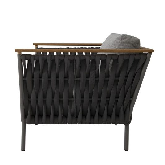 Lazio Armchair Freijó Wood Aluminum Gray Color Nautical Knit Black Color Backrest and Seat Upholstered Pelican Grey Fabric