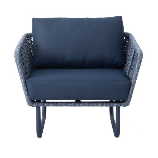 Nápole Aluminum Armchair Blue Color Nautical Rope Mixed Blue Backrest and Seat Upholstered Quaker Fabric Navy Blue