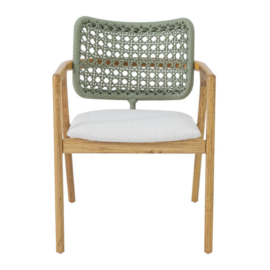 Ravena Armchair Freijó Wood Nautical Rope Pearly Green Color Upholstered Seat Boucle White Fabric