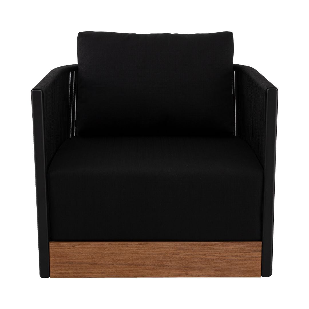 Riviera Armchair Cumaru Wood Aluminum Black Color Nautical Rope Black Color Backrest and Seat Upholstered Quaker Fabric Black