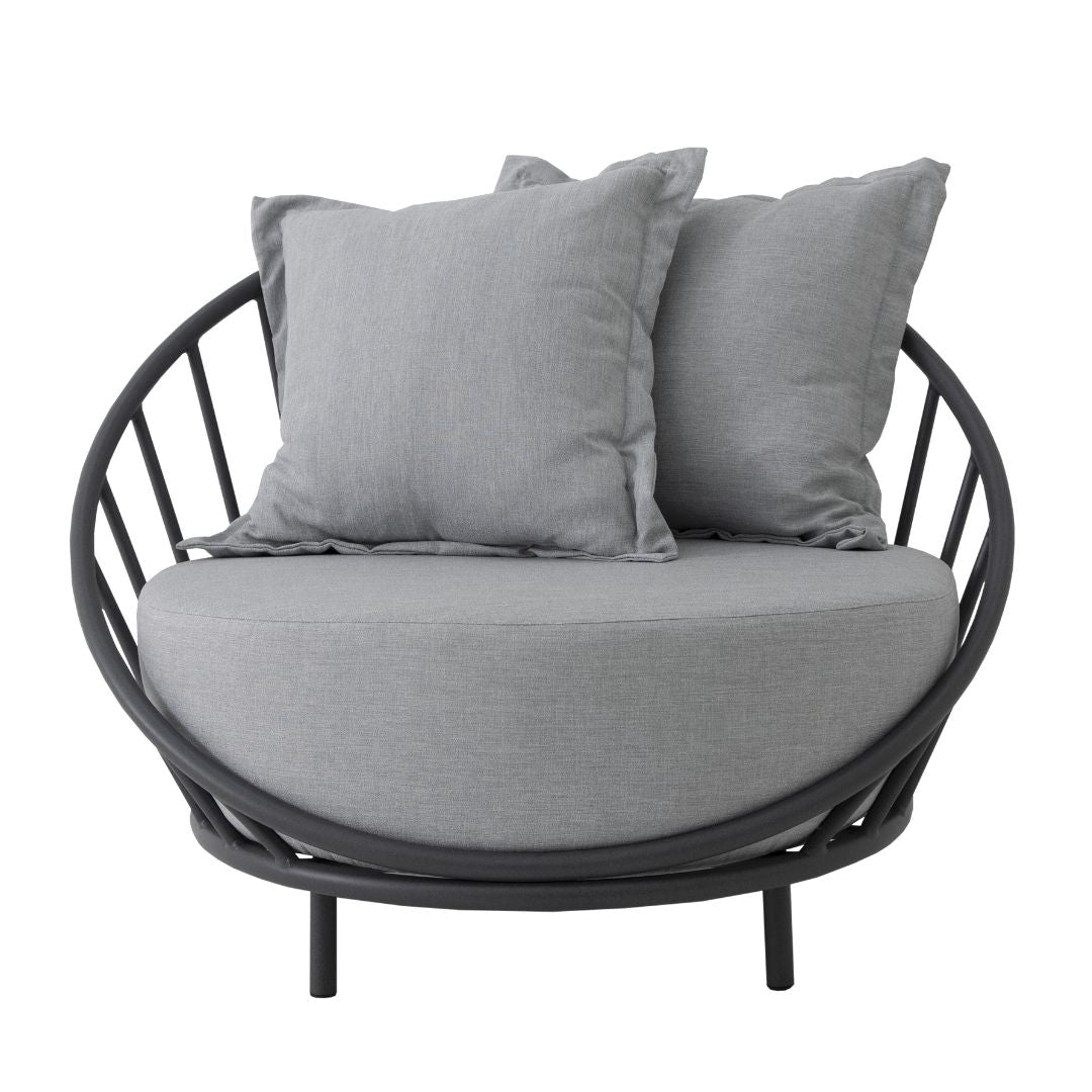 Serena Aluminum Armchair Black Color Upholstered Seat Shaggy Grey Fabric