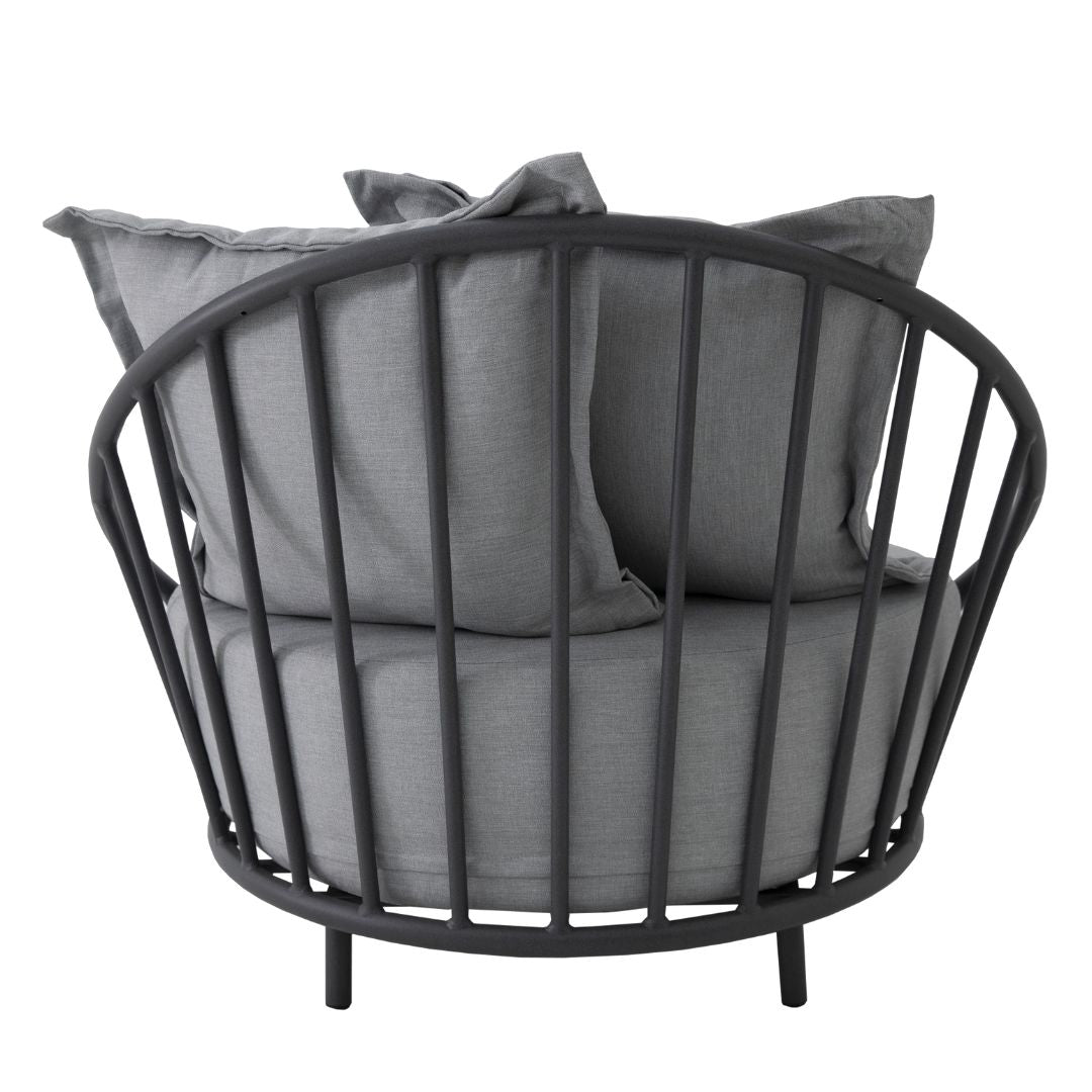 Serena Aluminum Armchair Black Color Upholstered Seat Shaggy Grey Fabric