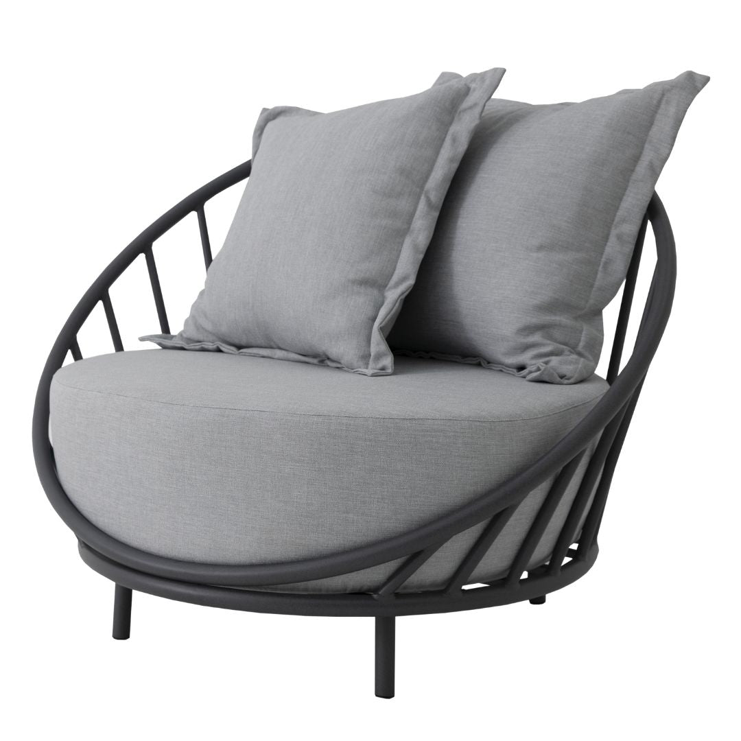 Serena Aluminum Armchair Black Color Upholstered Seat Shaggy Grey Fabric